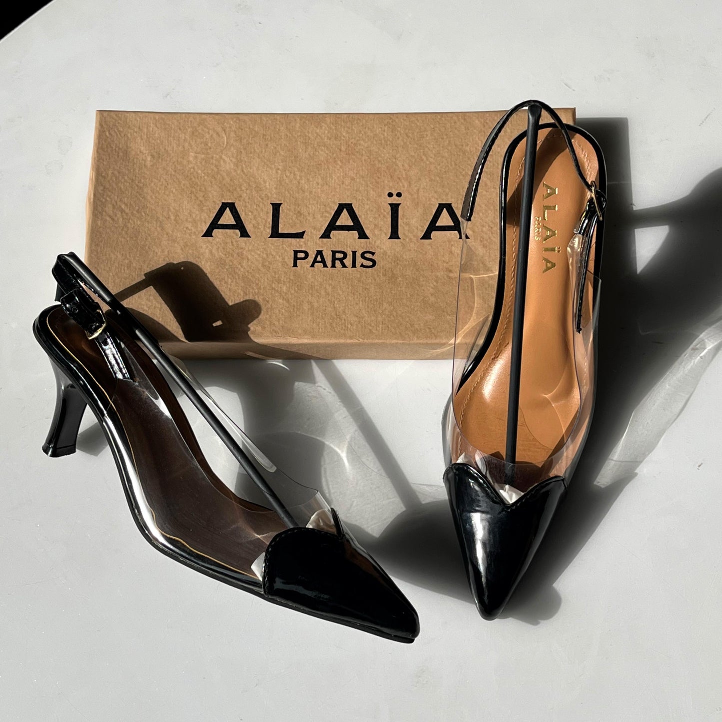 Alaïa Inspired Cœur Heart-Shaped Pointed Toe Slingback Pumps - Black Patent & Clear PVC
