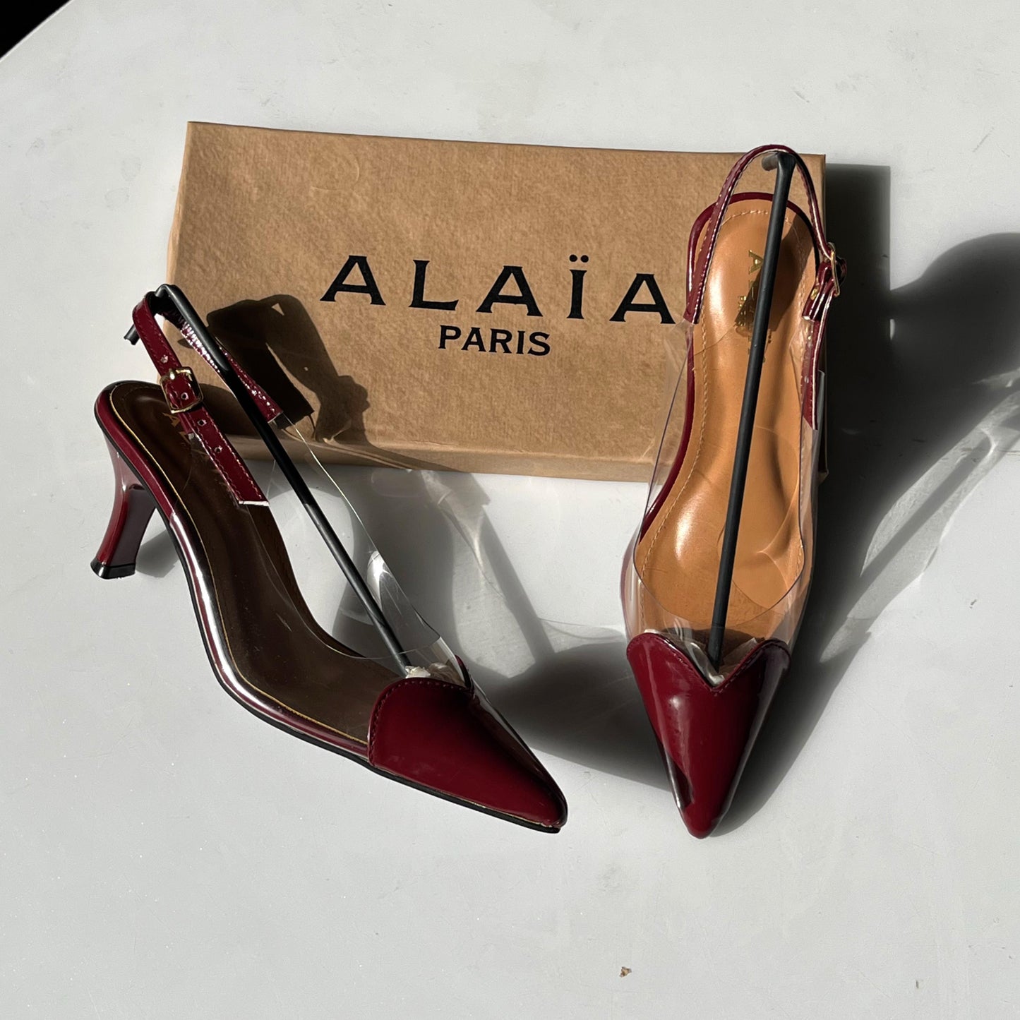 Alaïa Inspired Cœur Heart-Shaped Pointed Toe Slingback Pumps - Black Patent & Clear PVC