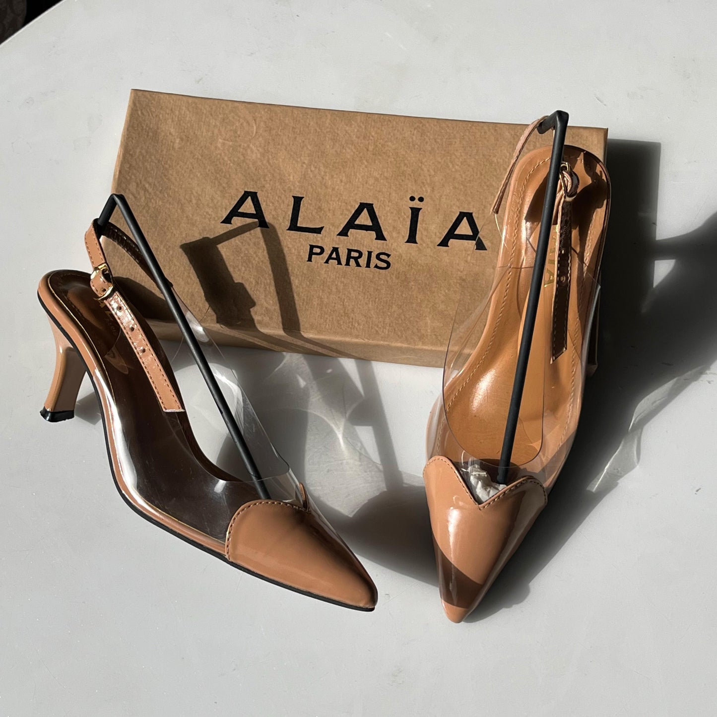 Alaïa Inspired Cœur Heart-Shaped Pointed Toe Slingback Pumps - Black Patent & Clear PVC