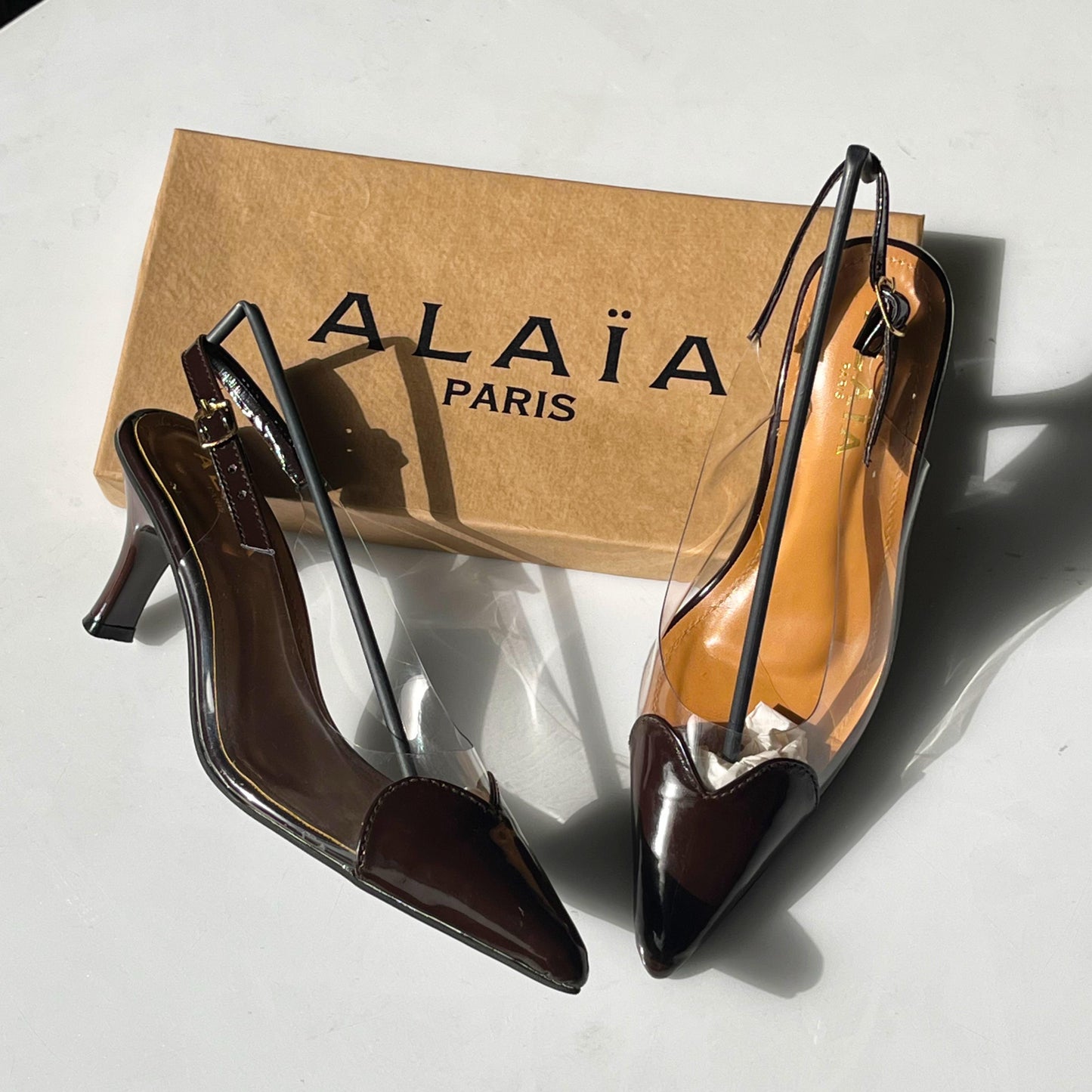 Alaïa Inspired Cœur Heart-Shaped Pointed Toe Slingback Pumps - Black Patent & Clear PVC