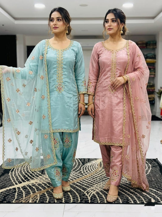 Royal Silk 3-Piece Suite with Traditional Farshi Shalwar
