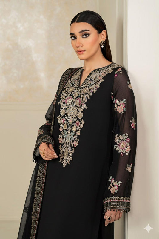 Pure Chiffon embroidered suit, Black ready-to-wear wedding dress, 3-piece chiffon outfit, Designer black gala embroidery, Pakistani formal wear, Zartajk wedding collection.