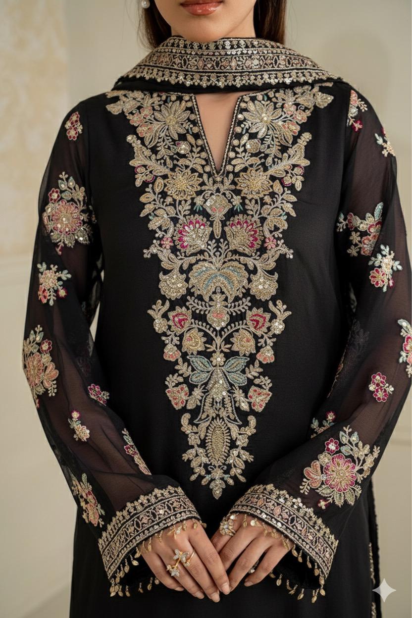 Pure Chiffon embroidered suit, Black ready-to-wear wedding dress, 3-piece chiffon outfit, Designer black gala embroidery, Pakistani formal wear, Zartajk wedding collection.