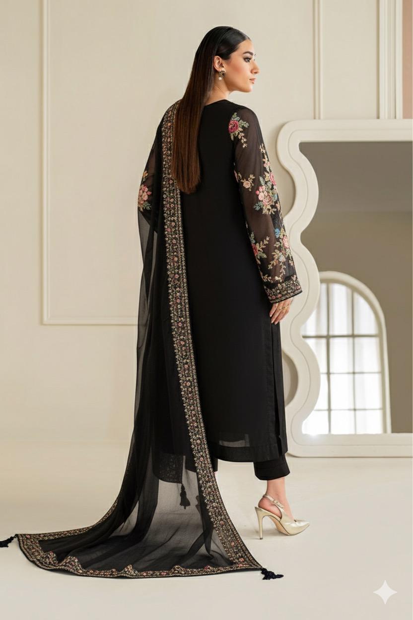 Pure Chiffon embroidered suit, Black ready-to-wear wedding dress, 3-piece chiffon outfit, Designer black gala embroidery, Pakistani formal wear, Zartajk wedding collection.
