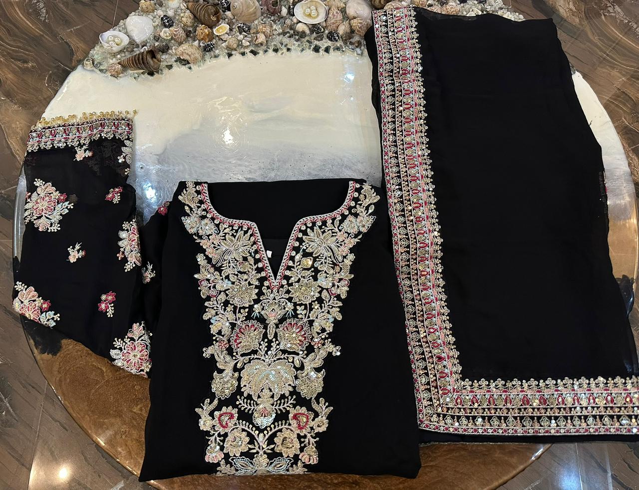 Pure Chiffon embroidered suit, Black ready-to-wear wedding dress, 3-piece chiffon outfit, Designer black gala embroidery, Pakistani formal wear, Zartajk wedding collection.
