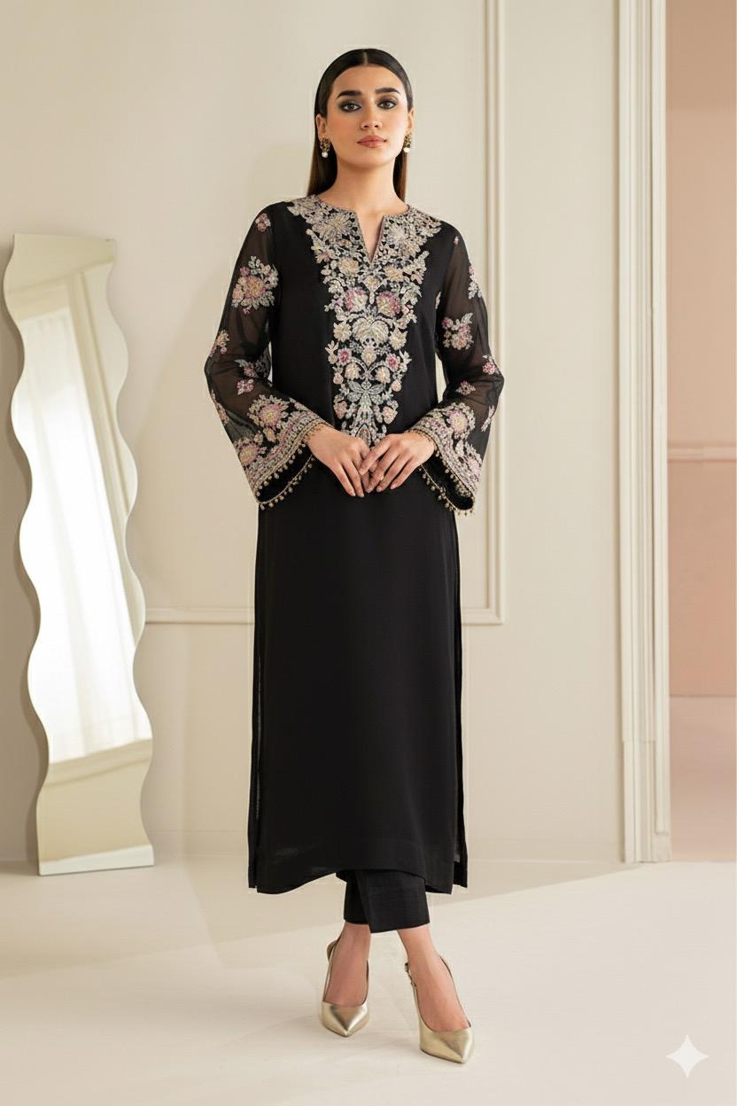Pure Chiffon embroidered suit, Black ready-to-wear wedding dress, 3-piece chiffon outfit, Designer black gala embroidery, Pakistani formal wear, Zartajk wedding collection.