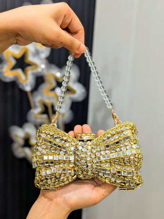 Bow Kundan clutch, bridal wedding purse, traditional handcrafted bag, gold evening clutch, luxury stone work handbag, designer party clutch.