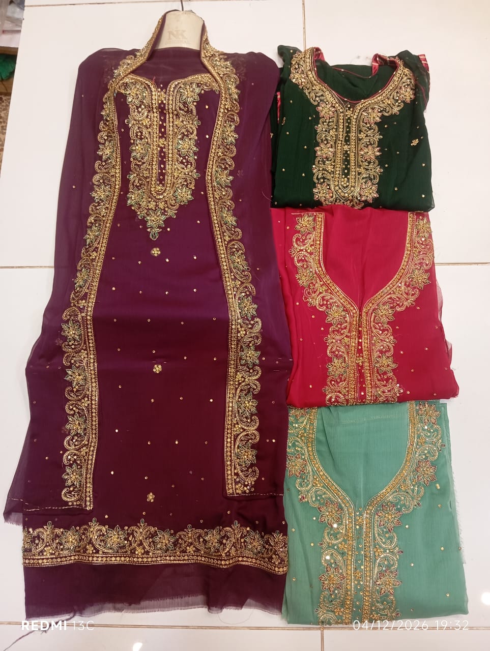 chiffon, Kora Dabka Work, Hand-embroidery, 3-Piece Suit