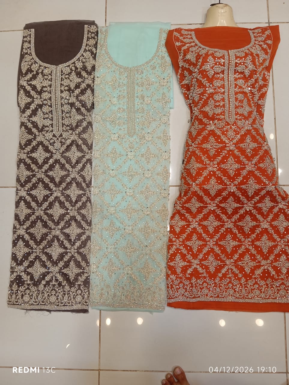 chiffon, Kora Dabka Work, Hand-embroidery, 3-Piece Suit