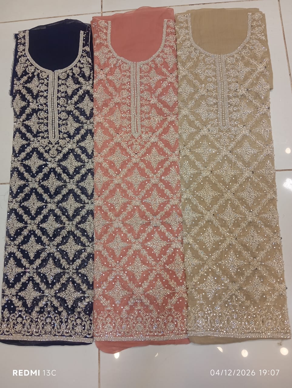 chiffon, Kora Dabka Work, Hand-embroidery, 3-Piece Suit
