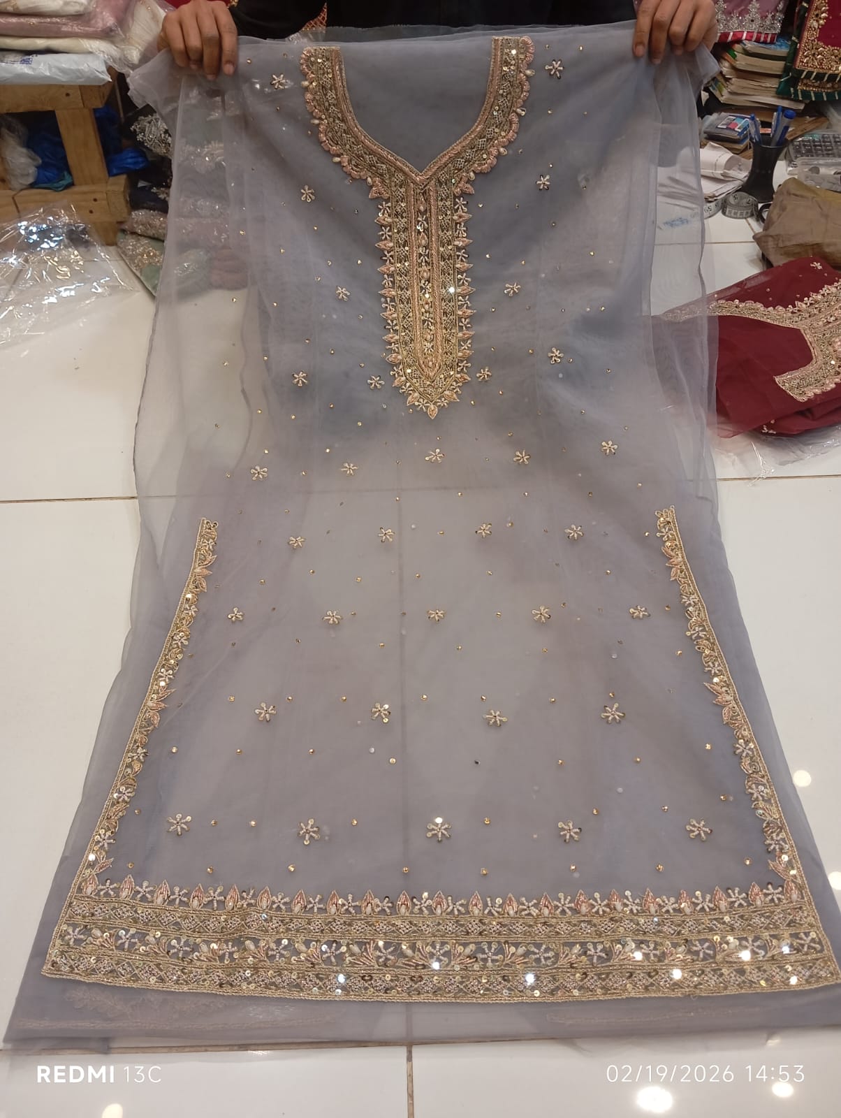 chiffon, Kora Dabka Work, Hand-embroidery, 3-Piece Suit