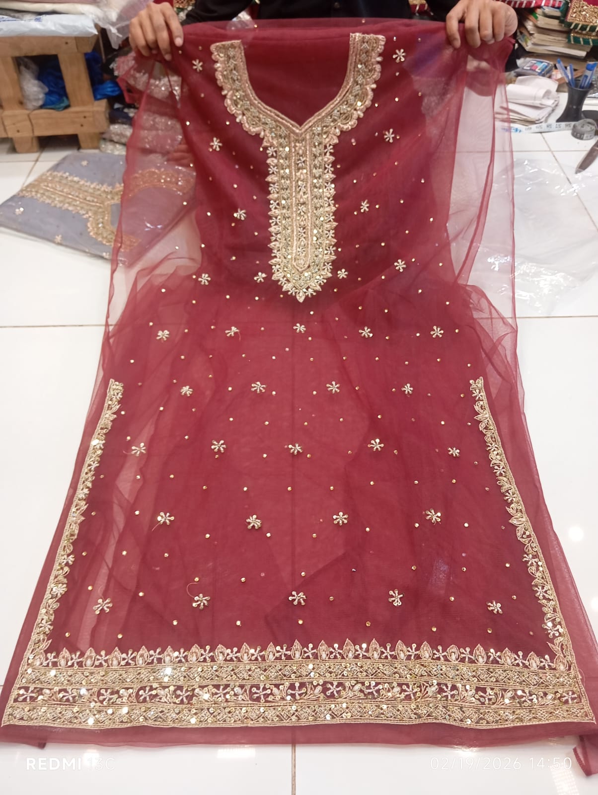 chiffon, Kora Dabka Work, Hand-embroidery, 3-Piece Suit