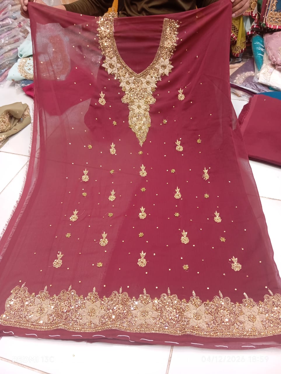 chiffon, Kora Dabka Work, Hand-embroidery, 3-Piece Suit