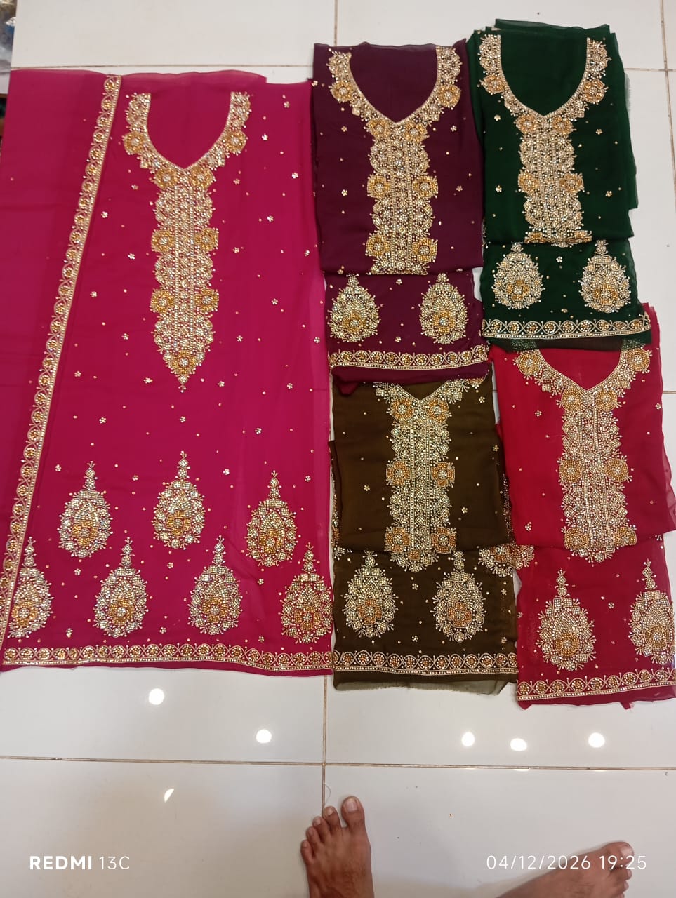chiffon, Kora Dabka Work, Hand-embroidery, 3-Piece Suit