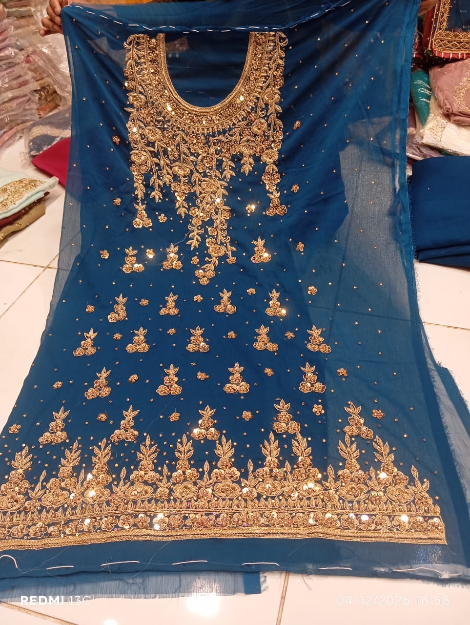 chiffon, Kora Dabka Work, Hand-embroidery, 3-Piece Suit