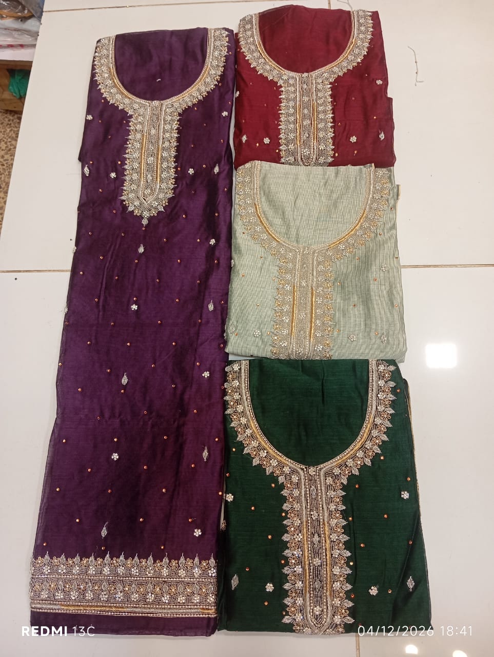 chiffon, Kora Dabka Work, Hand-embroidery, 3-Piece Suit