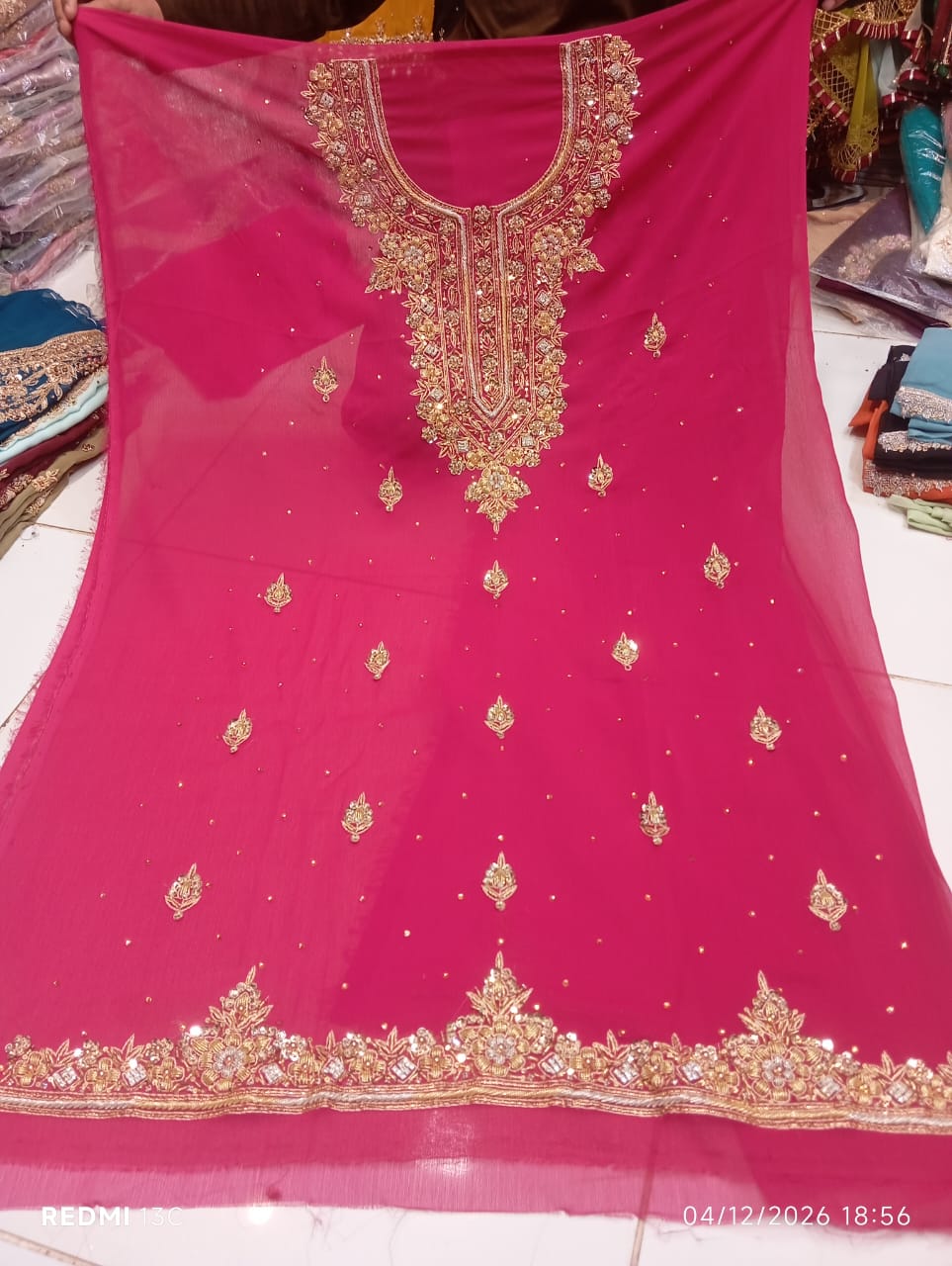 chiffon, Kora Dabka Work, Hand-embroidery, 3-Piece Suit