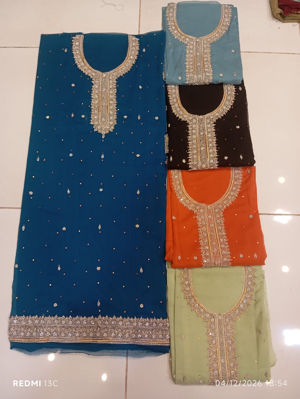 chiffon, Kora Dabka Work, Hand-embroidery, 3-Piece Suit