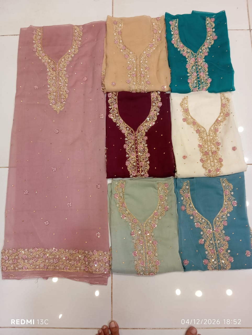 chiffon, Kora Dabka Work, Hand-embroidery, 3-Piece Suit