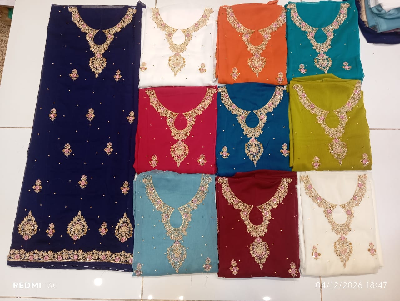 chiffon, Kora Dabka Work, Hand-embroidery, 3-Piece Suit