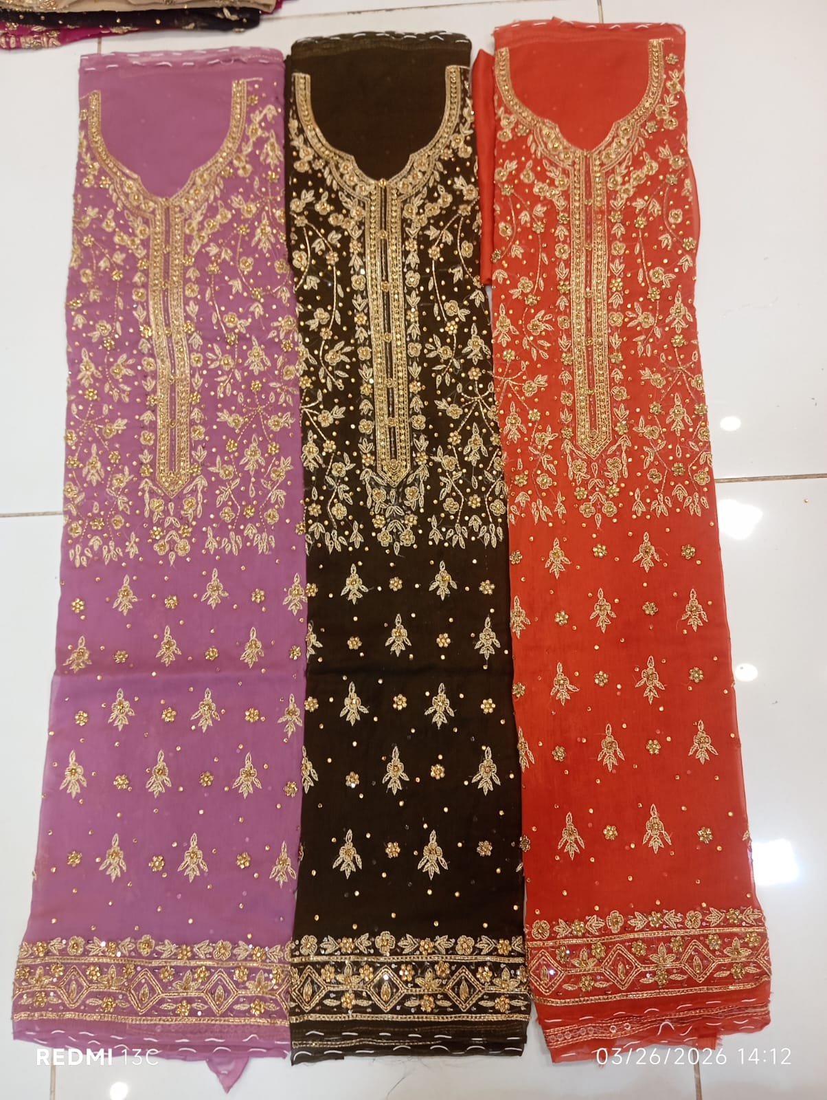 chiffon, Kora Dabka Work, Hand-embroidery, 3-Piece Suit