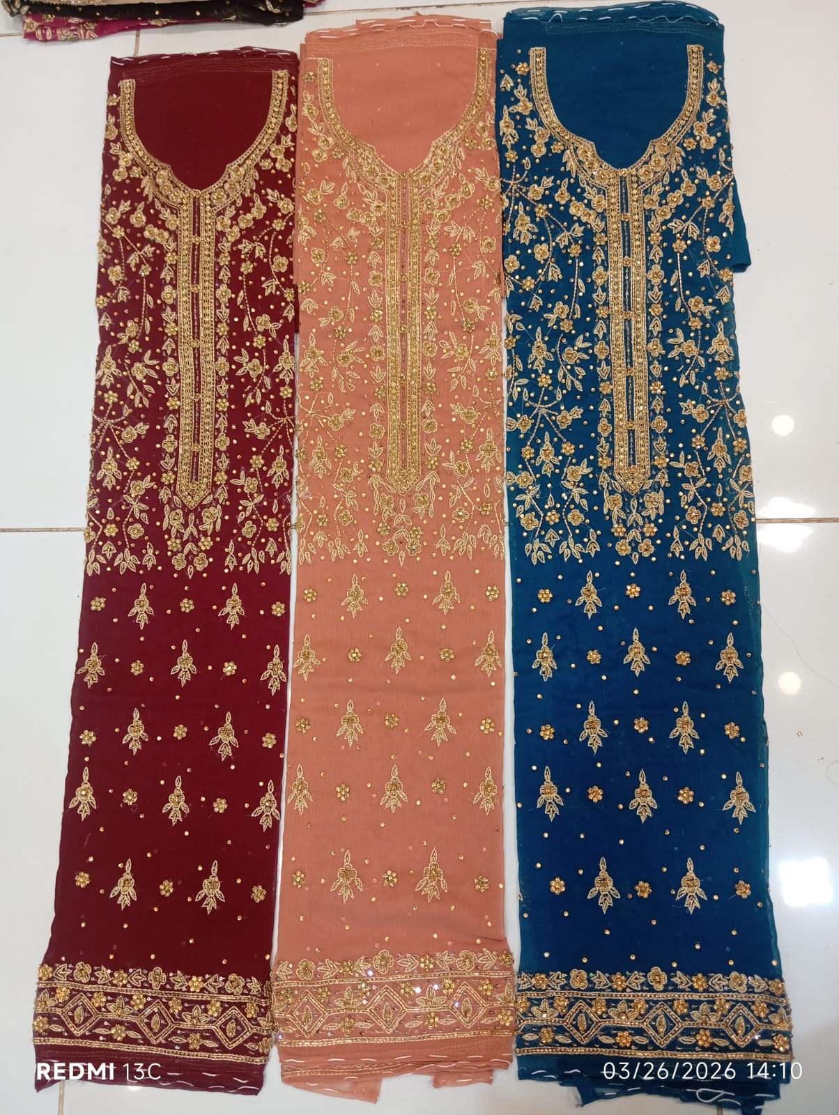 chiffon, Kora Dabka Work, Hand-embroidery, 3-Piece Suit