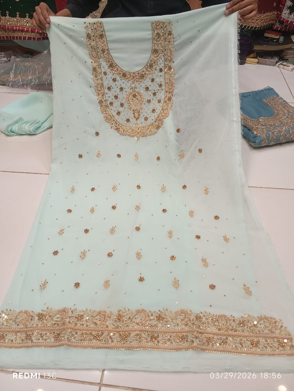 chiffon, Kora Dabka Work, Hand-embroidery, 3-Piece Suit
