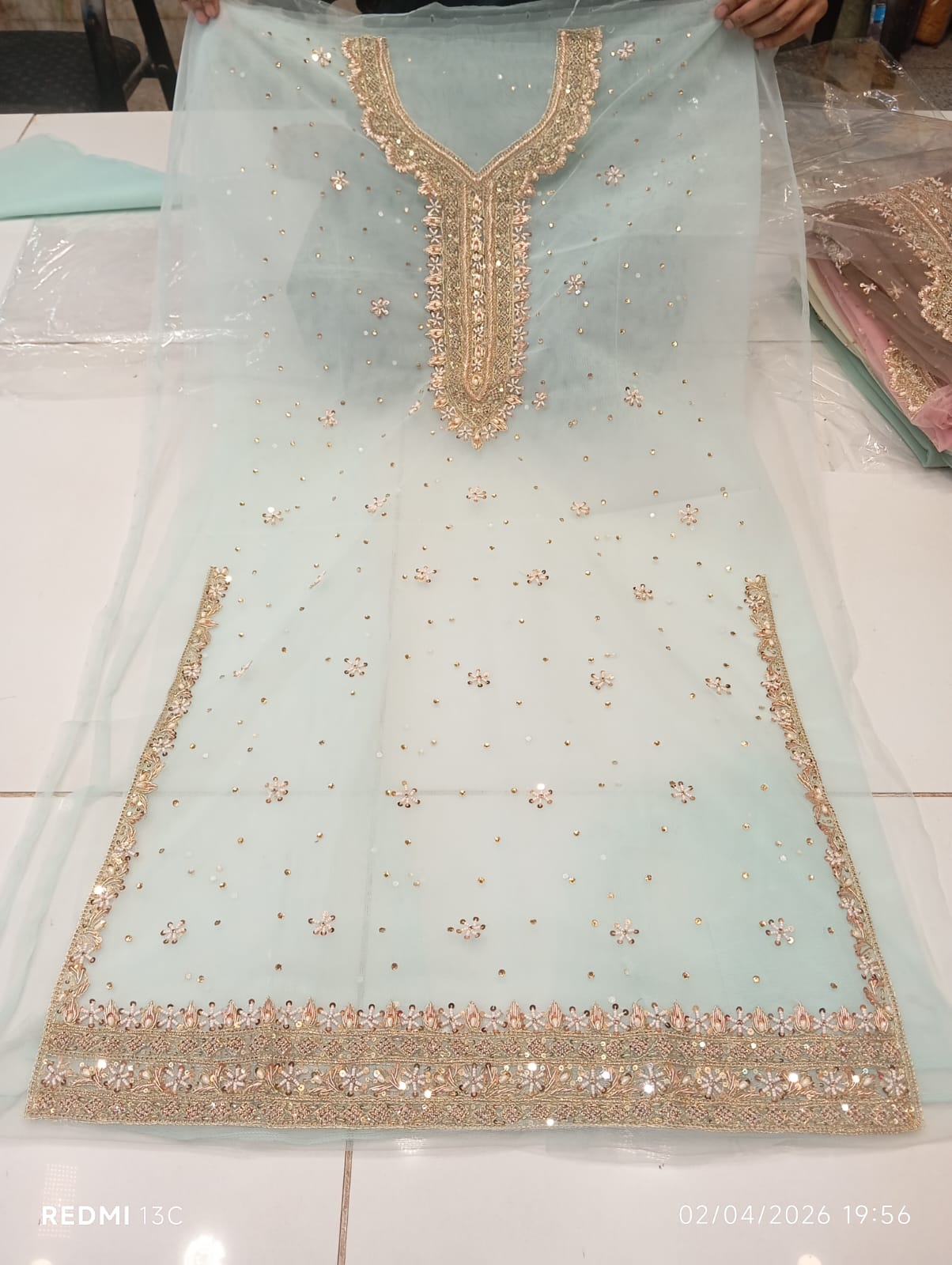 chiffon, Kora Dabka Work, Hand-embroidery, 3-Piece Suit