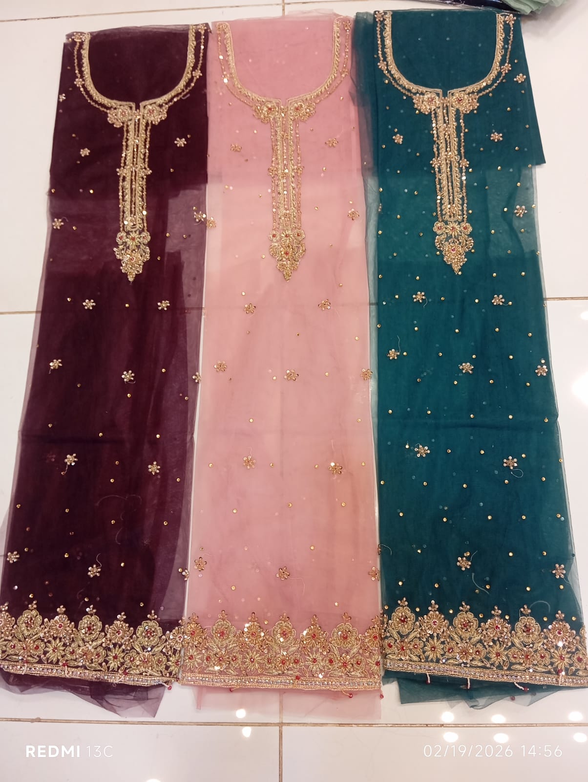chiffon, Kora Dabka Work, Hand-embroidery, 3-Piece Suit
