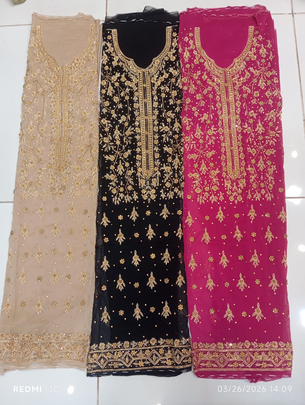 chiffon, Kora Dabka Work, Hand-embroidery, 3-Piece Suit