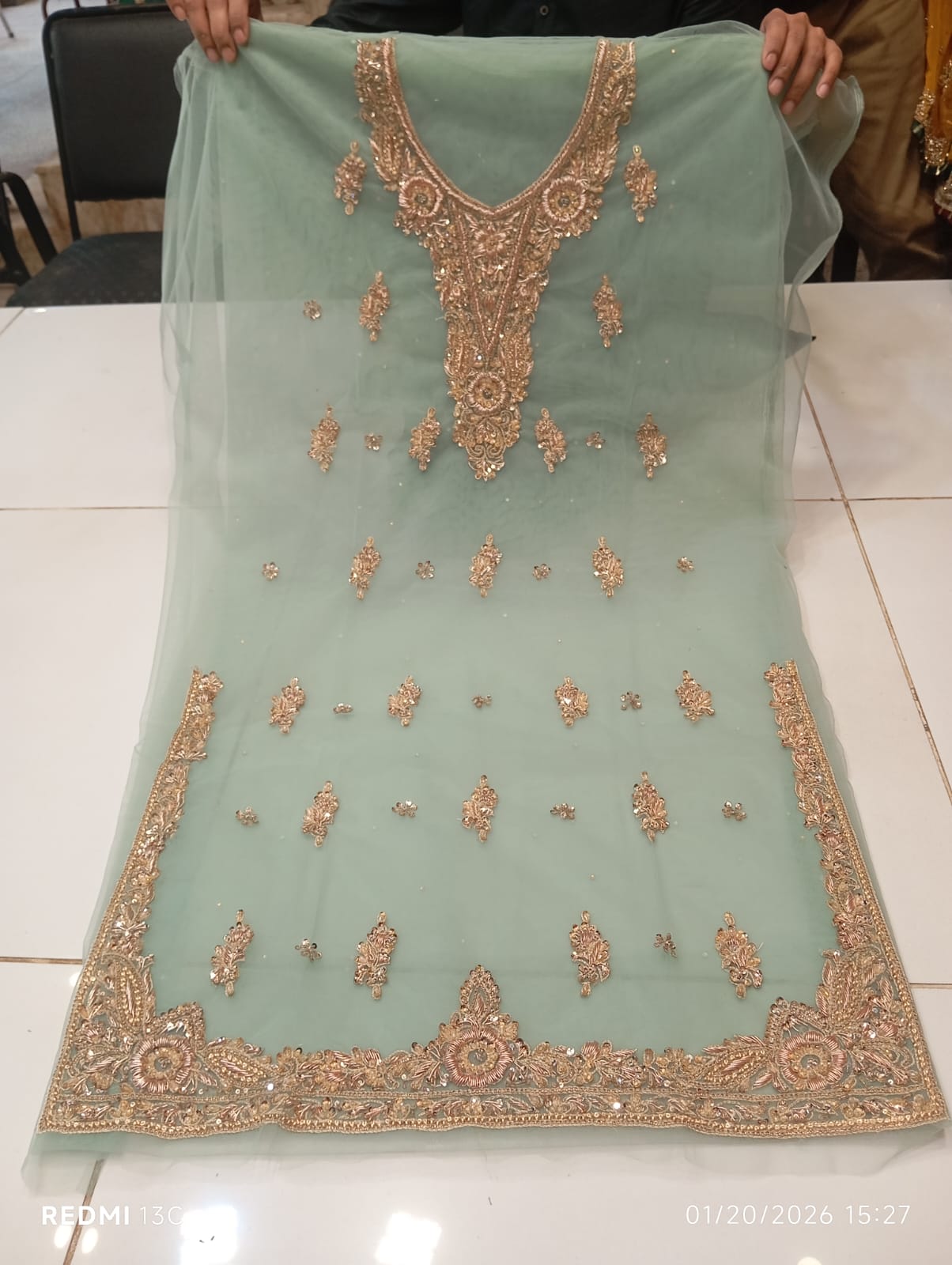 chiffon, Kora Dabka Work, Hand-embroidery, 3-Piece Suit
