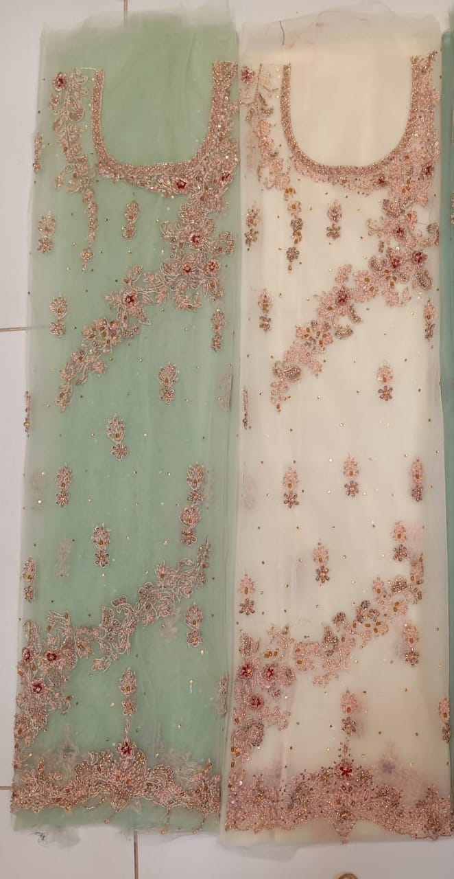 chiffon, Kora Dabka Work, Hand-embroidery, 3-Piece Suit