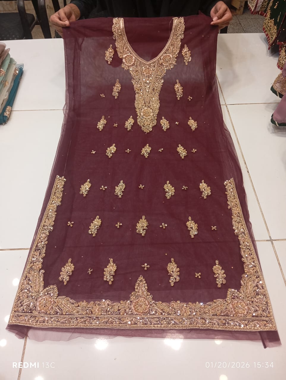 chiffon, Kora Dabka Work, Hand-embroidery, 3-Piece Suit