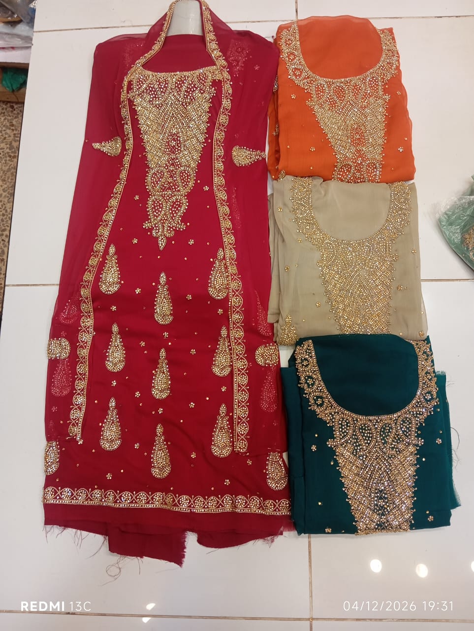 chiffon, Kora Dabka Work, Hand-embroidery, 3-Piece Suit
