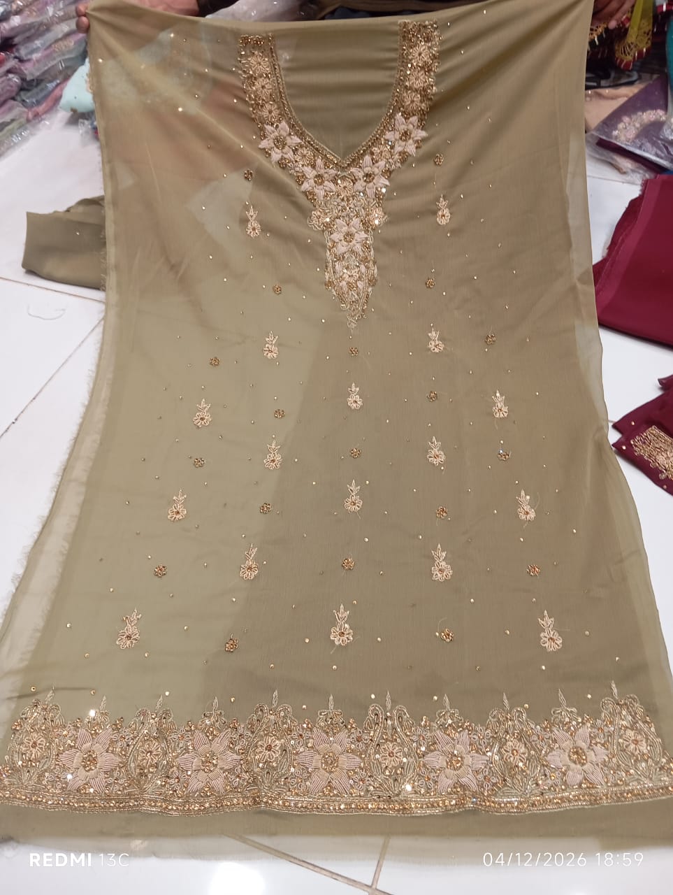 chiffon, Kora Dabka Work, Hand-embroidery, 3-Piece Suit