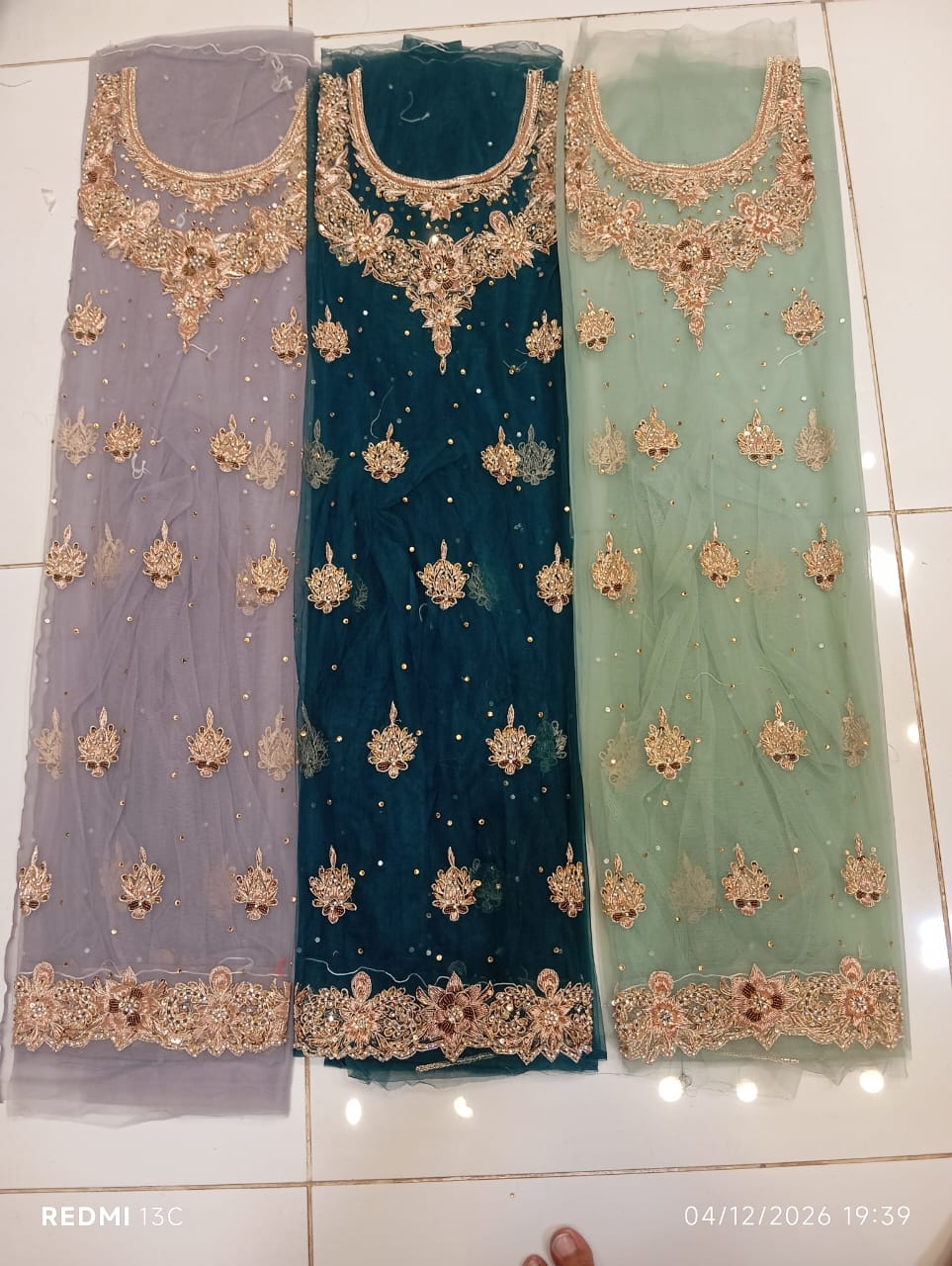 chiffon, Kora Dabka Work, Hand-embroidery, 3-Piece Suit