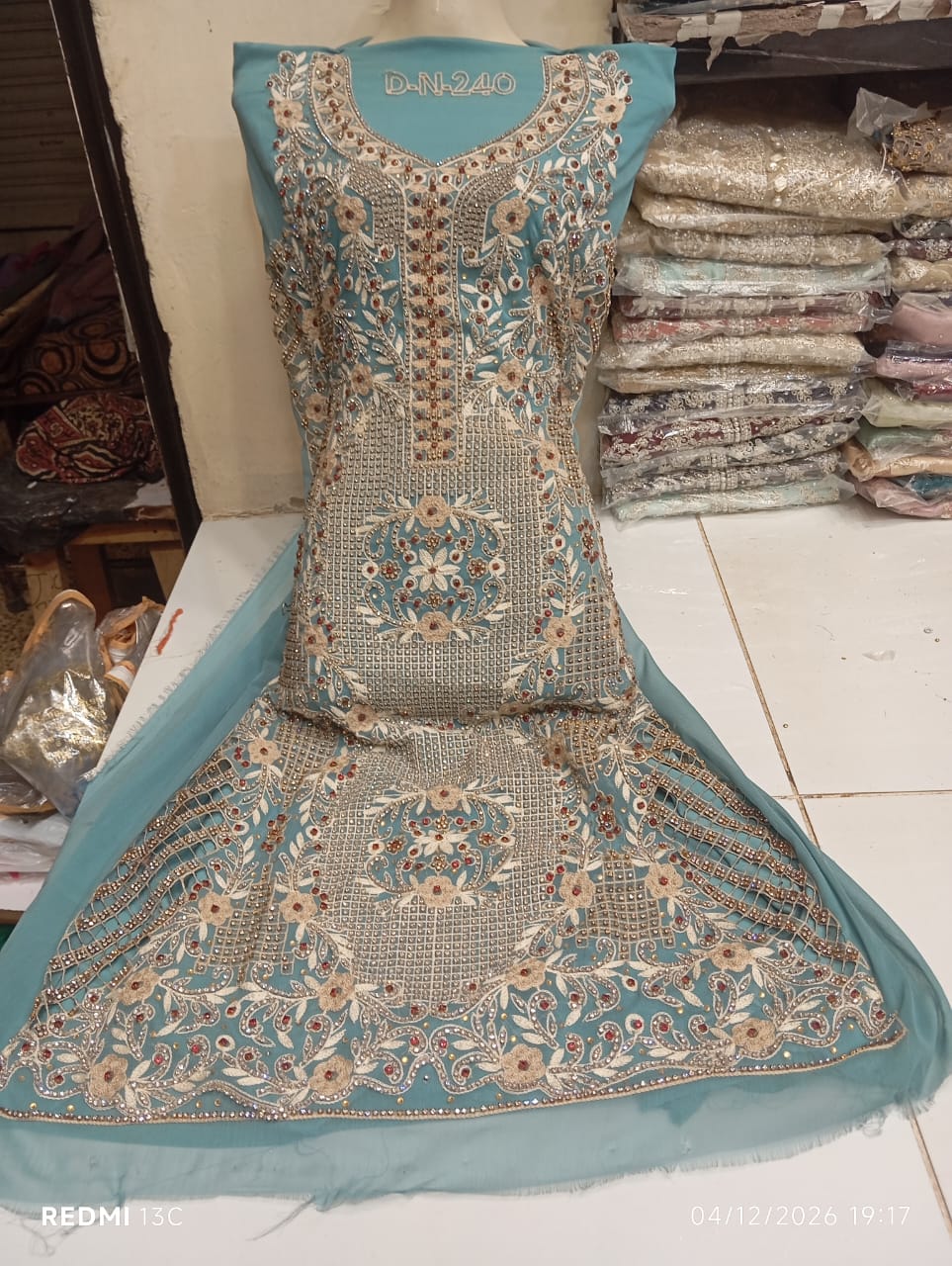 chiffon, Kora Dabka Work, Hand-embroidery, 3-Piece Suit