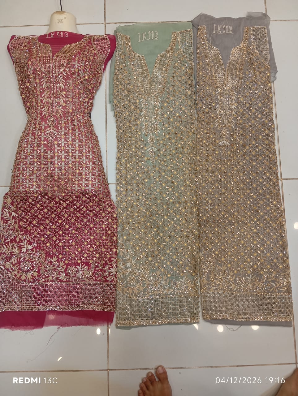 chiffon, Kora Dabka Work, Hand-embroidery, 3-Piece Suit