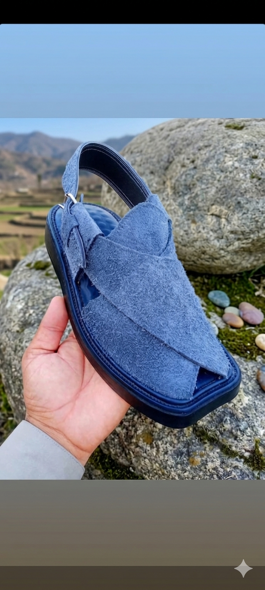 Premium Blue Suede Leather Kheri - Handmade Peshawari Chappal for Men