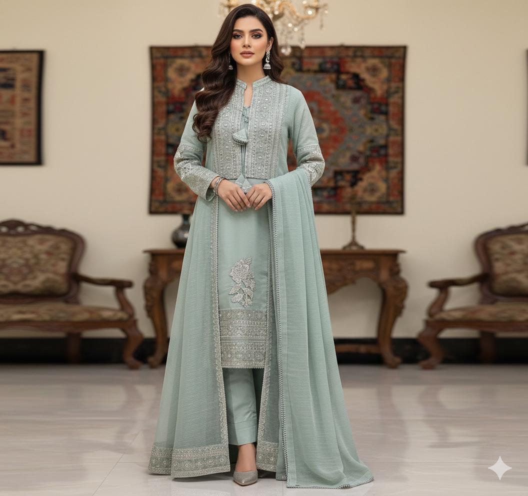 Pure Khaddi Organza Handwork Gown Set | Zartajk Traditional Wear