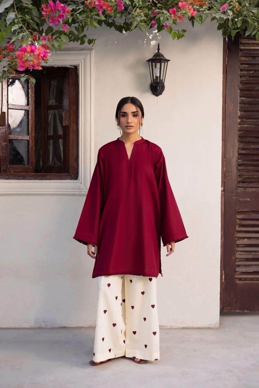 Heart Printed Flapper with V Neck Style Shirt with sequence lace work/heart trouser cordset