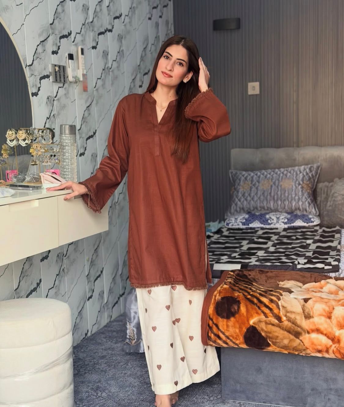 Heart Printed Flapper with V Neck Style Shirt with sequence lace work/heart trouser cordset