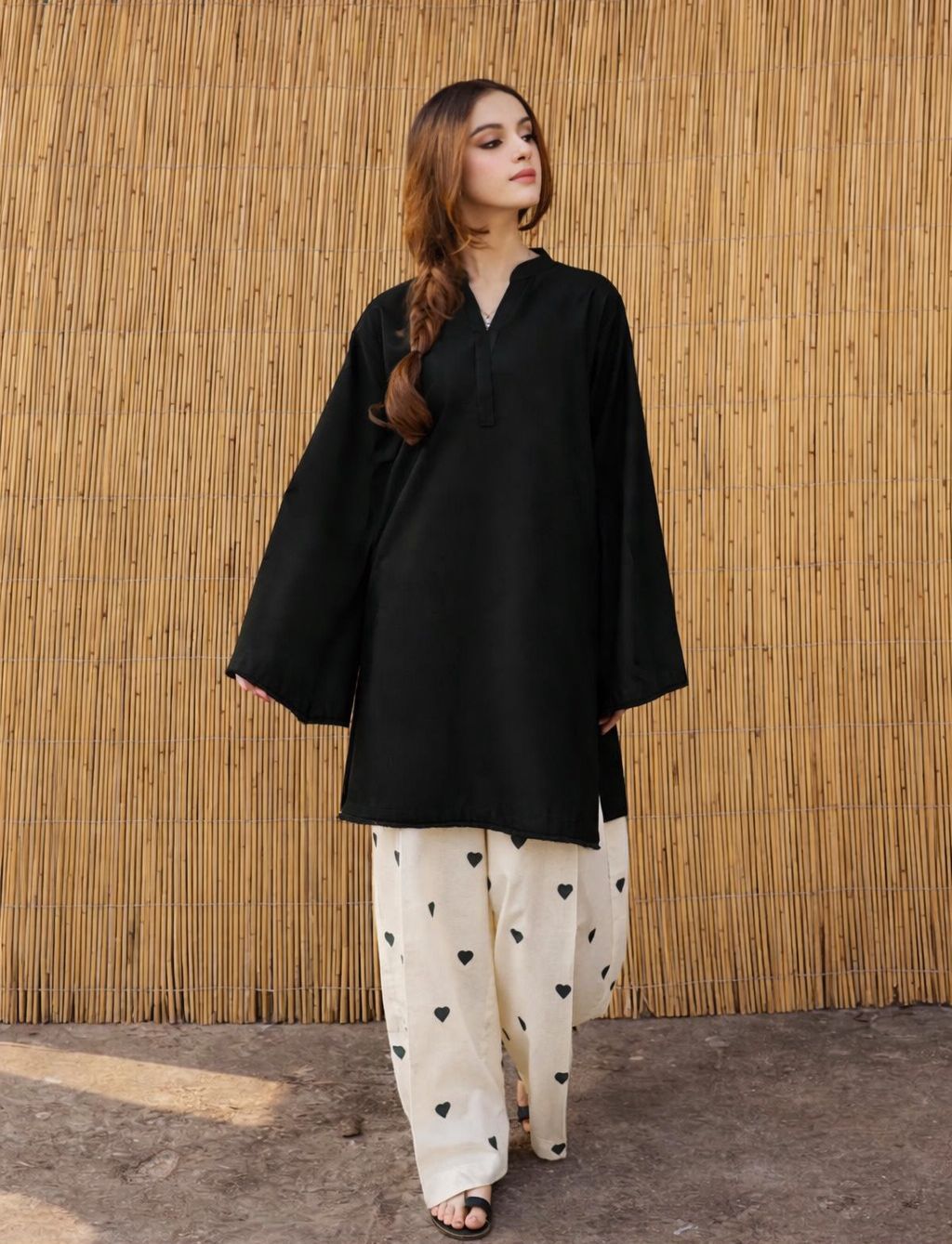 Heart Printed Flapper with V Neck Style Shirt with sequence lace work/heart trouser cordset