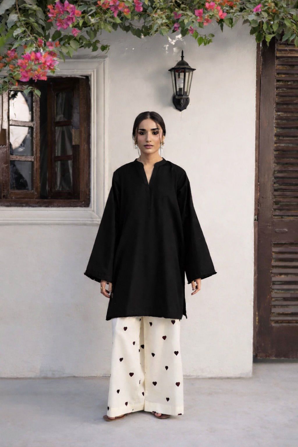 Heart Printed Flapper with V Neck Style Shirt with sequence lace work/heart trouser cordset