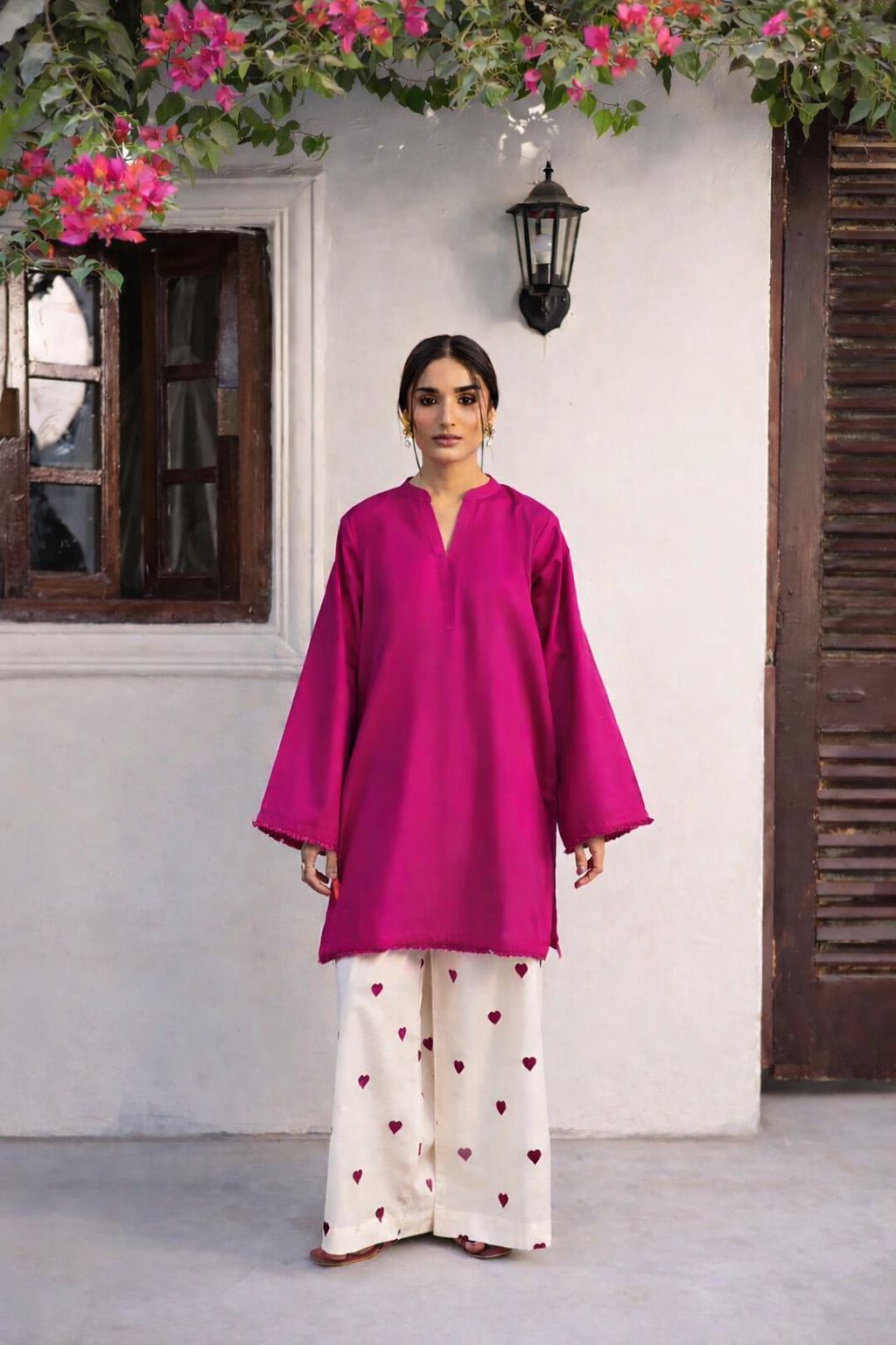 Heart Printed Flapper with V Neck Style Shirt with sequence lace work/heart trouser cordset