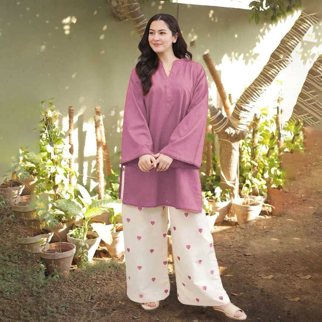 Heart Printed Flapper with V Neck Style Shirt with sequence lace work/heart trouser cordset