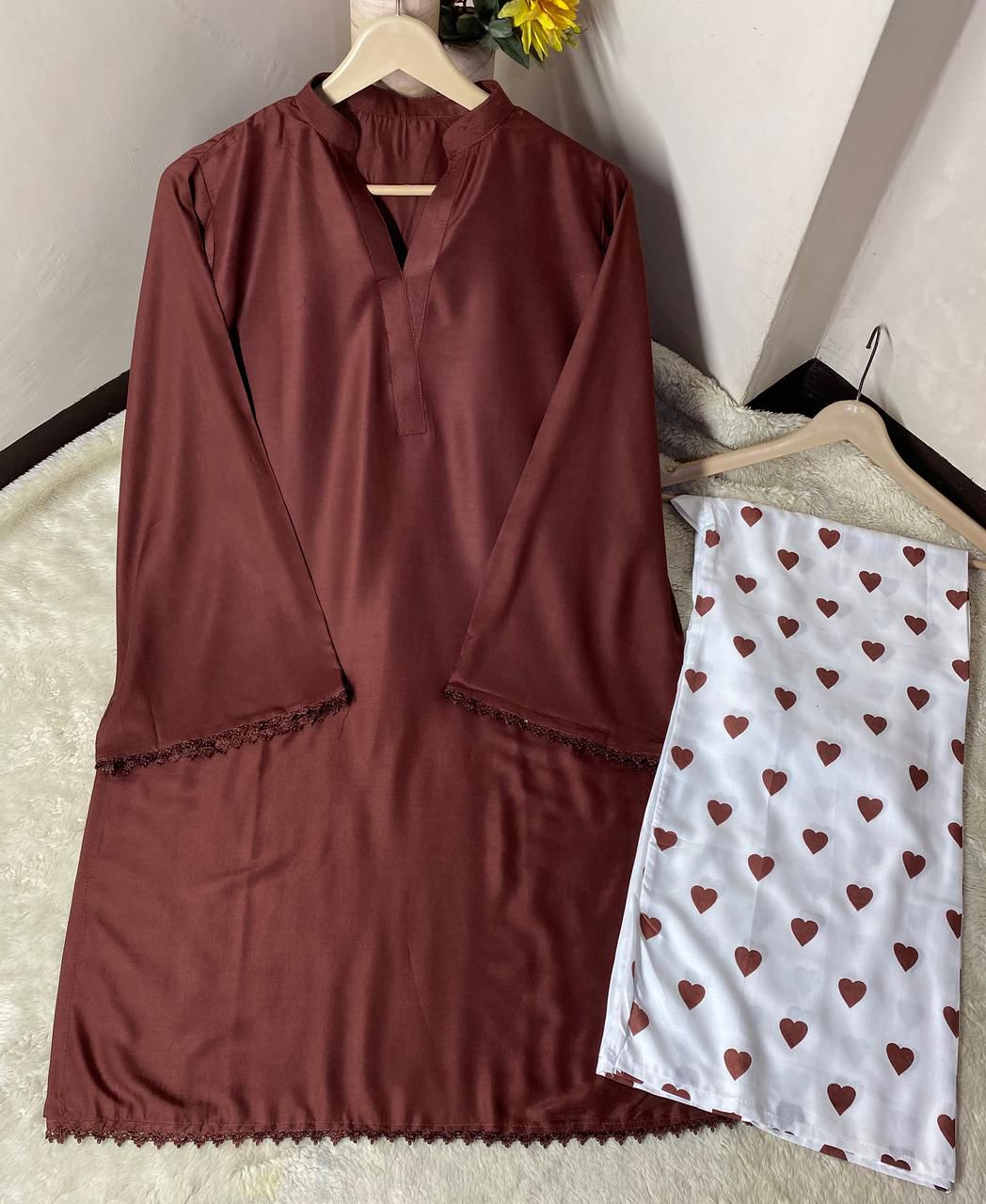 Heart Printed Flapper with V Neck Style Shirt with sequence lace work/heart trouser cordset