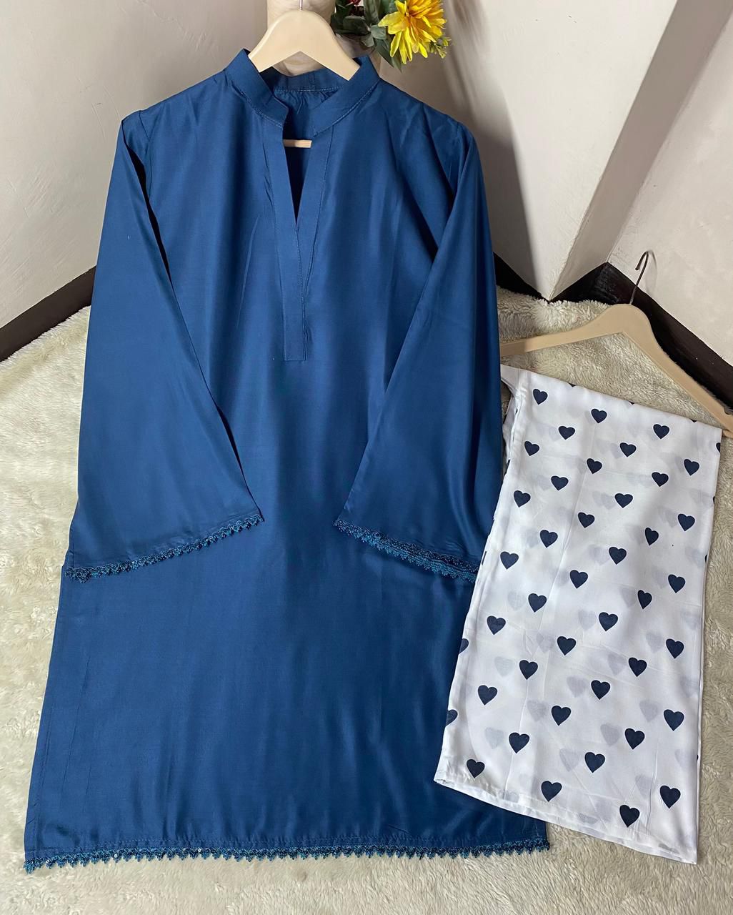 Heart Printed Flapper with V Neck Style Shirt with sequence lace work/heart trouser cordset