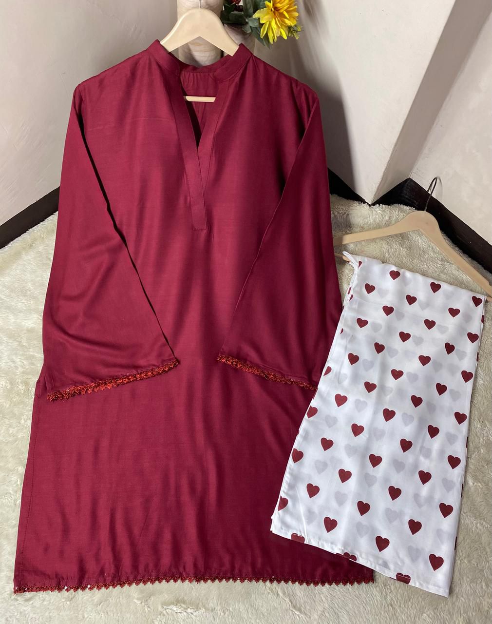 Heart Printed Flapper with V Neck Style Shirt with sequence lace work/heart trouser cordset