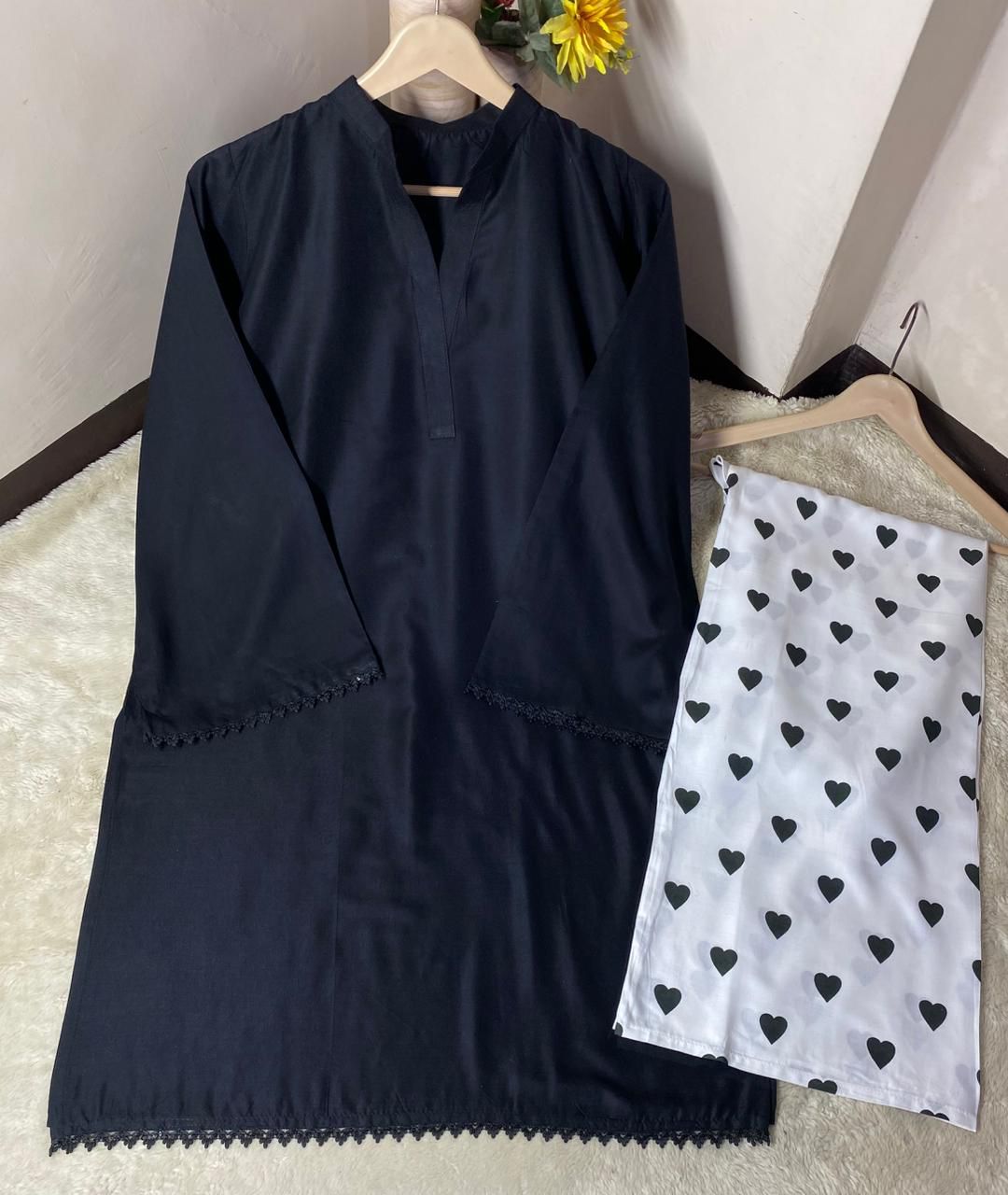 Heart Printed Flapper with V Neck Style Shirt with sequence lace work/heart trouser cordset